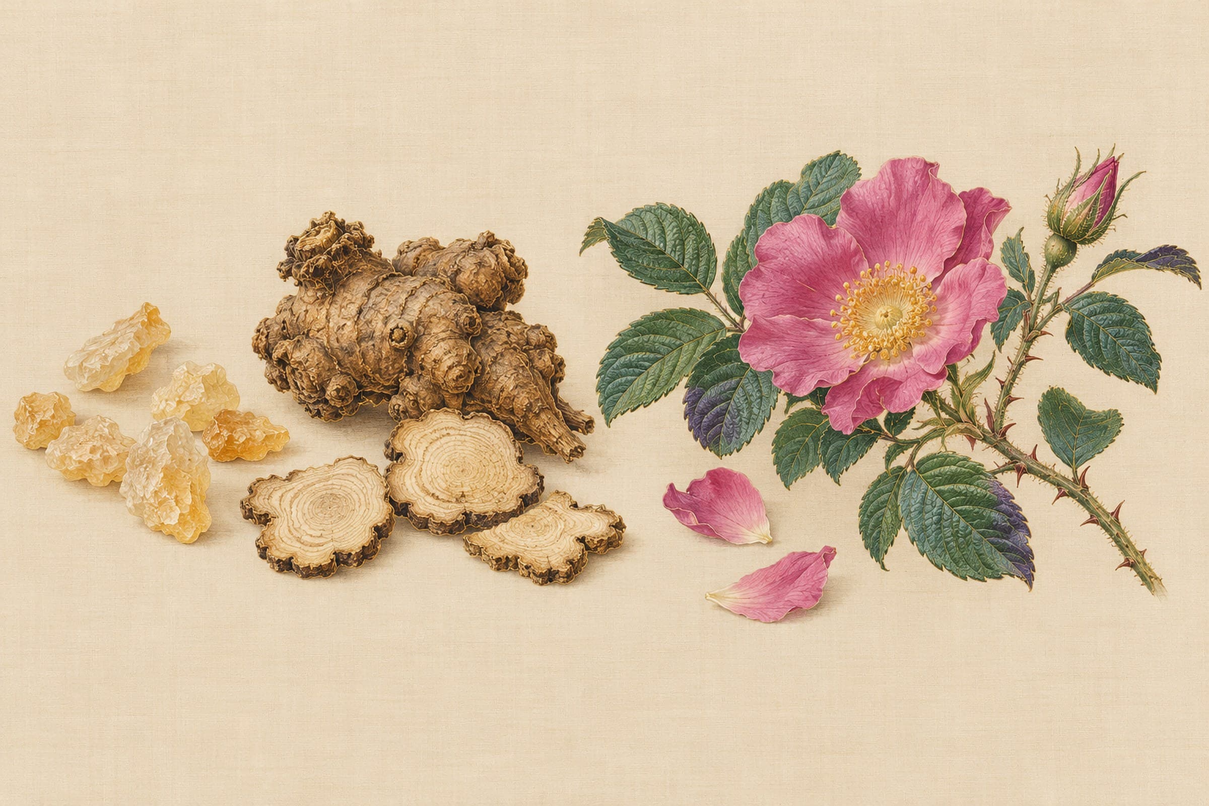 A painted plate: tears of frankincense, a chuanxiong root with dried slices, and a Chinese rose in bloom.