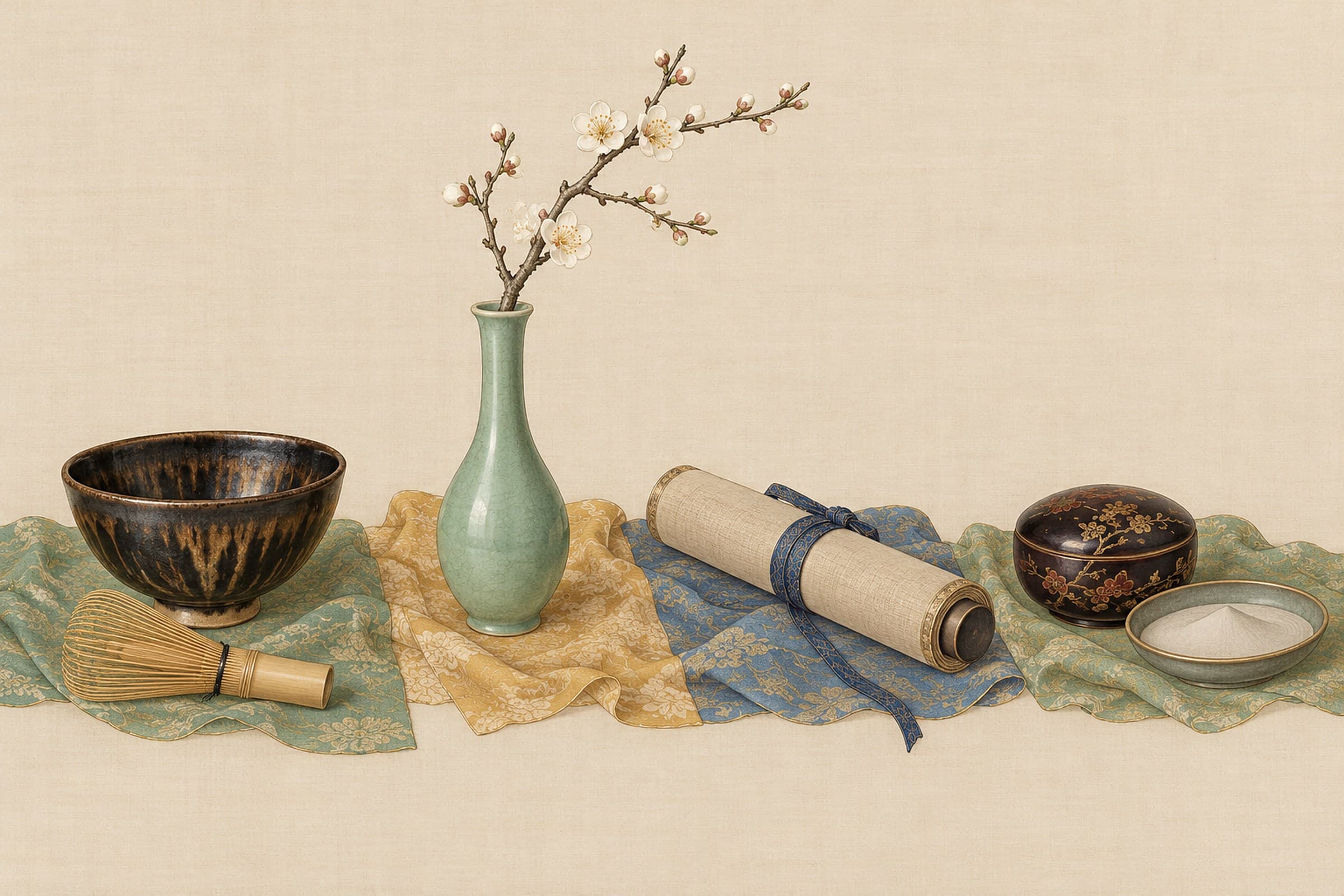 Lámina pintada: un cuenco de té de vidriado negro con su batidor, un jarrón de celadón con una rama de ciruelo en flor, un rollo de pintura cerrado y una cajita de incienso con tapa junto a un platillo de ceniza fina.