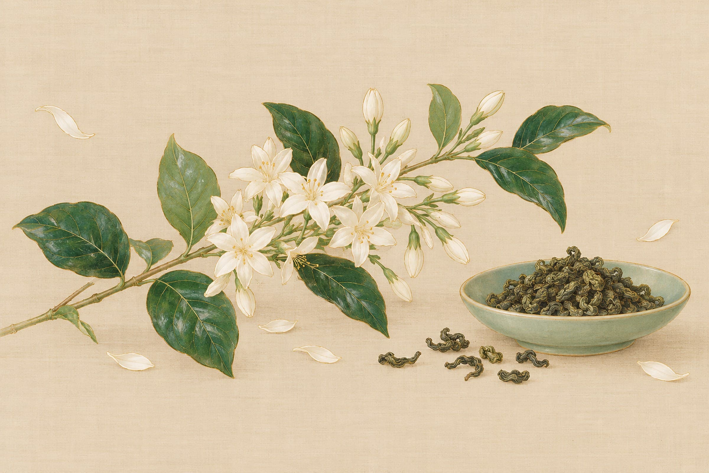 Gemalte Tafel: ein Zweig kleinblütiger Jasmin, der Blütenblätter verliert, neben einer Seladon-Schale mit gerolltem grünem Tee.