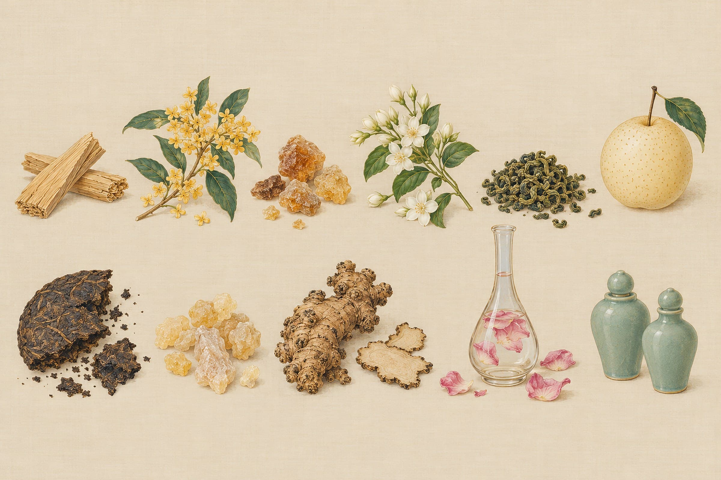 A painted plate: the materials laid out like specimens, from a billet of sandalwood and a sprig of osmanthus to tears of frankincense, a bottle of rose water and two small celadon bottles for the accords.
