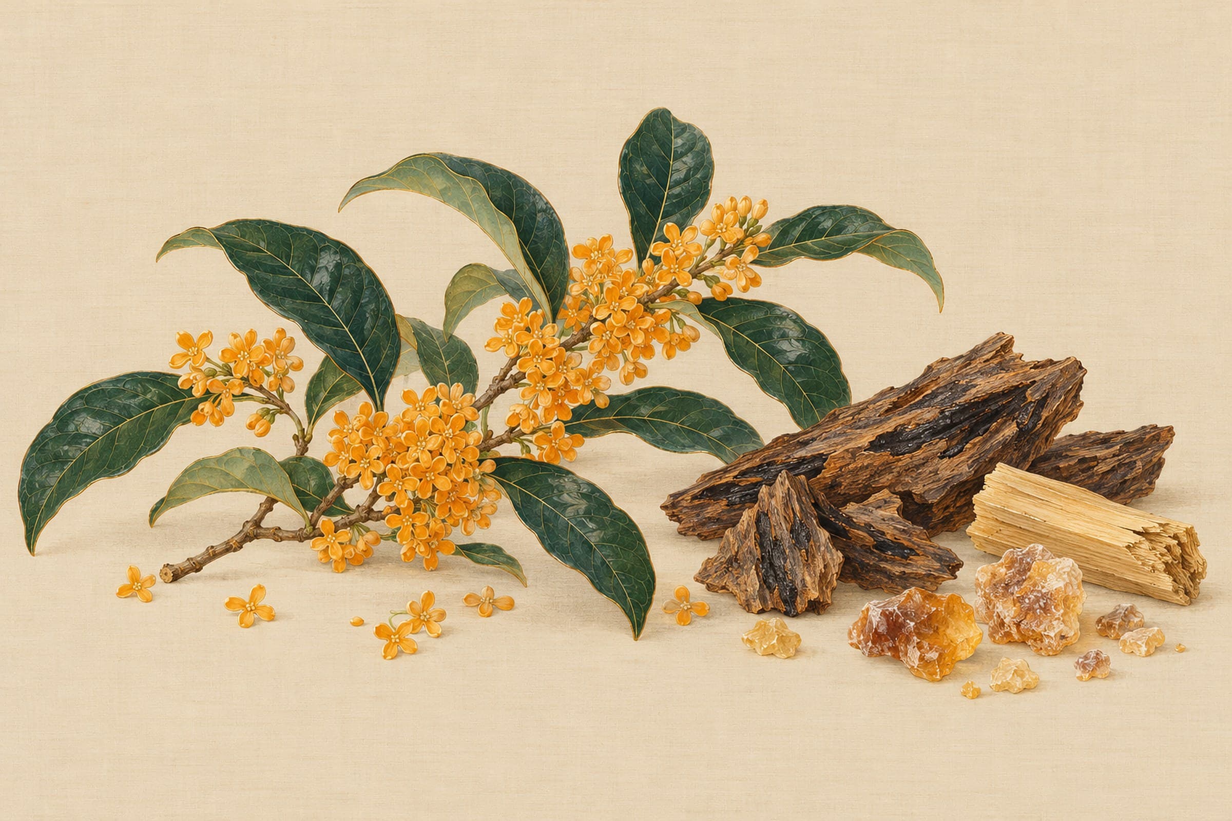 A painted plate: a sprig of osmanthus in flower beside agarwood chips, a split piece of sandalwood and lumps of benzoin.
