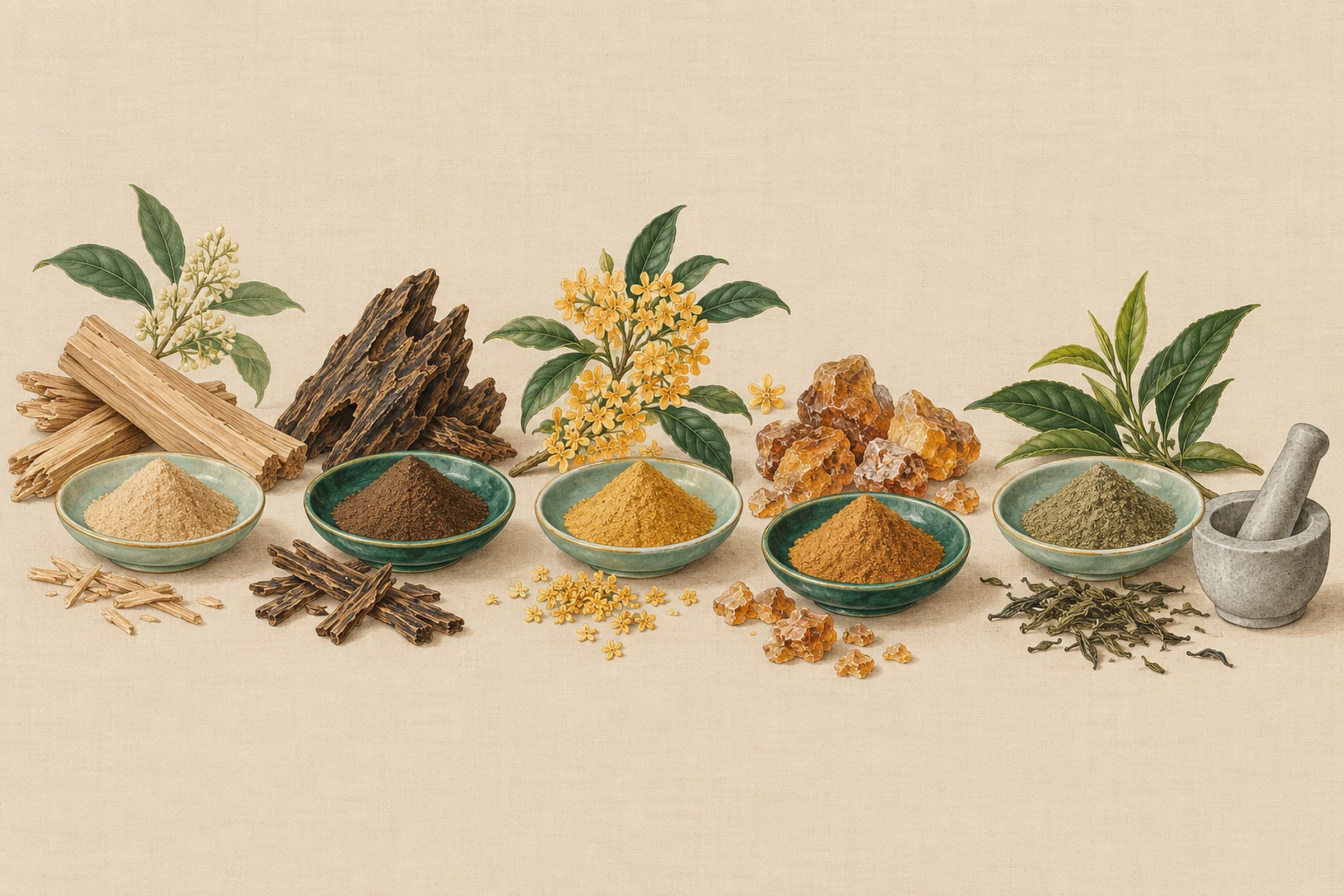 A painted plate: five dishes of finely ground aromatics, from pale sandalwood to grey-green tea, with the woods, flowers and leaves they come from and a stone mortar.