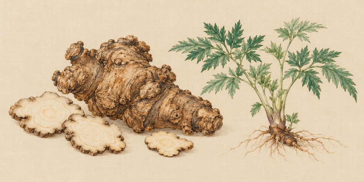 Planche peinte : une racine noueuse de chuanxiong et ses tranches séchées, près d’une jeune pousse aux feuilles fines.