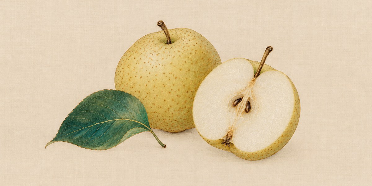 Planche peinte : deux poires chinoises à la peau fine, dont l’une coupée en deux.