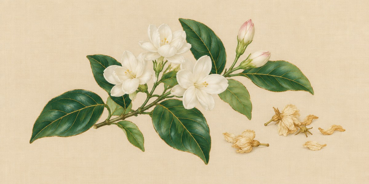 Planche peinte : un rameau de jasmin à petites fleurs, fleurs ouvertes et boutons, et quelques fleurs séchées.