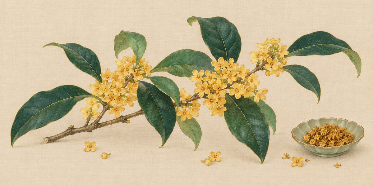 Planche peinte : un rameau d’osmanthus doré en fleur et une coupelle de fleurs séchées.