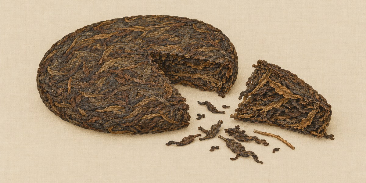 Planche peinte : un morceau détaché d’une galette de Pu’er vieilli, et des feuilles éparses.