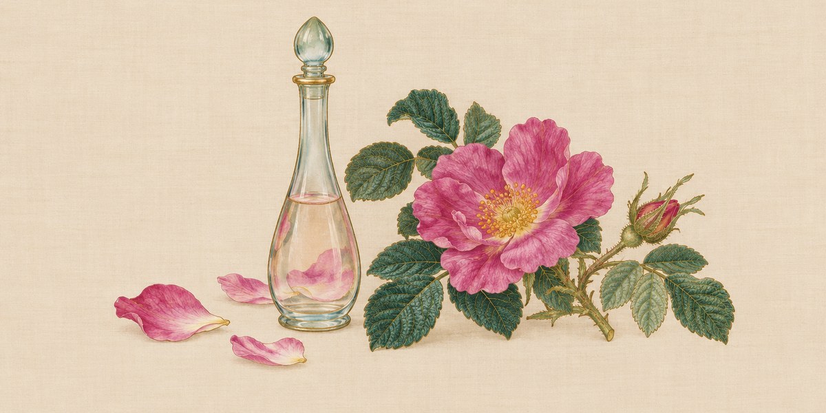 Planche peinte : un flacon bouché d’eau de rose près d’une rose de Chine en fleur.