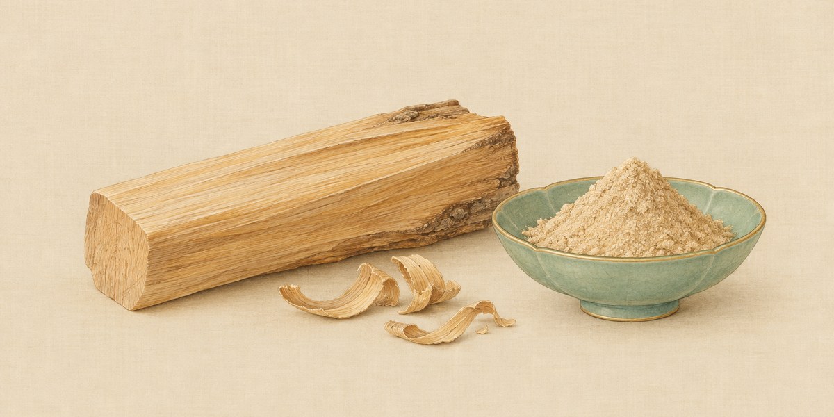 Planche peinte : un éclat de bois de santal, quelques copeaux et une coupelle de poudre de santal pâle.